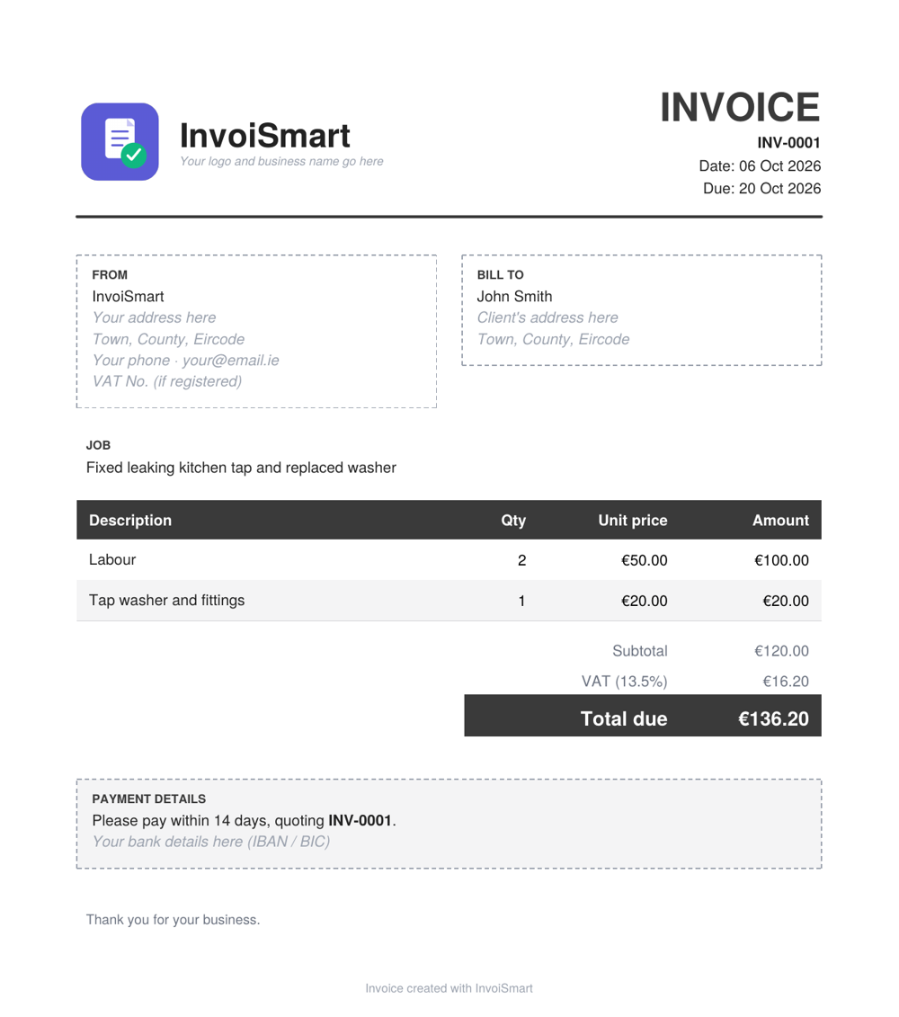 Sample InvoiSmart invoice with business details, line items, VAT, total due and payment details